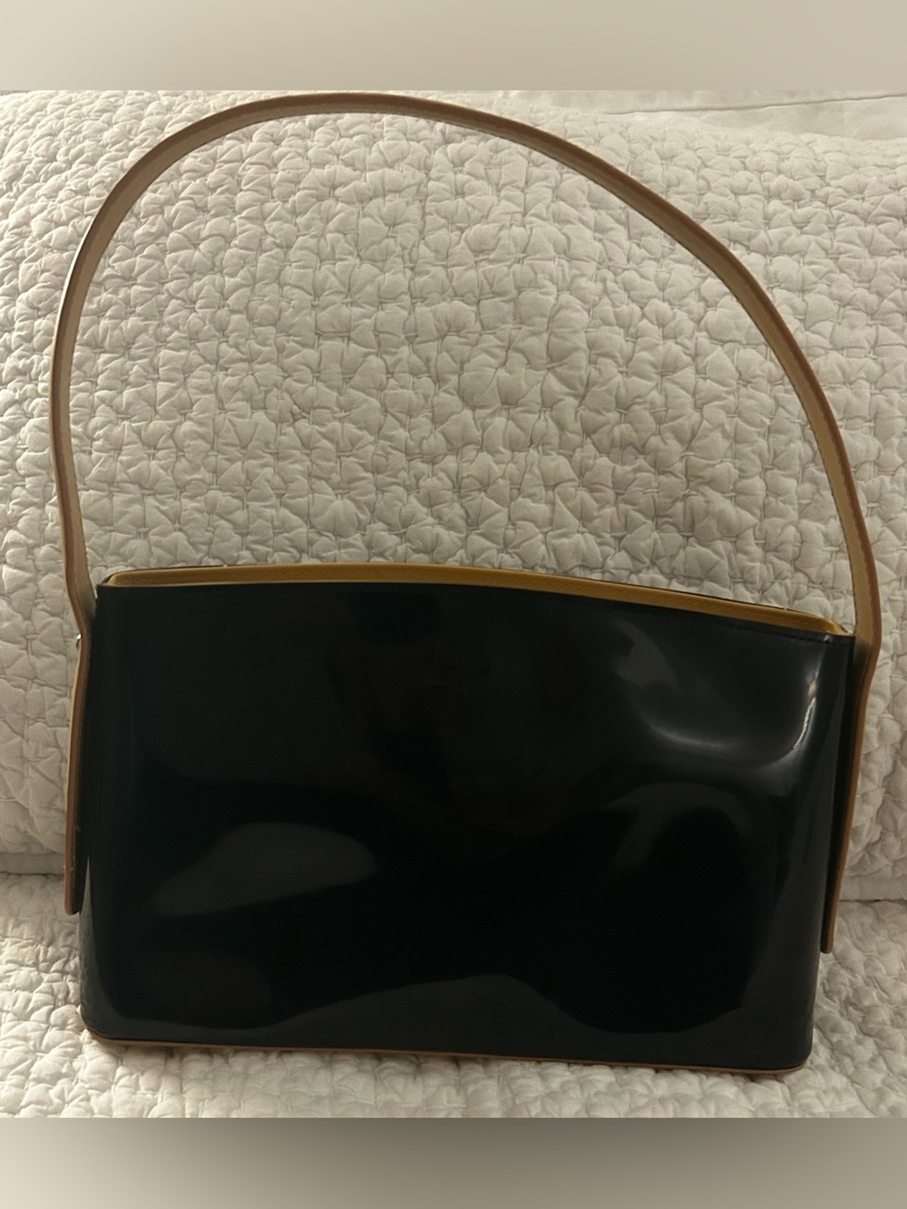 Beijo Black/Tan Faux Patent Leather Purse - 12” x 7”